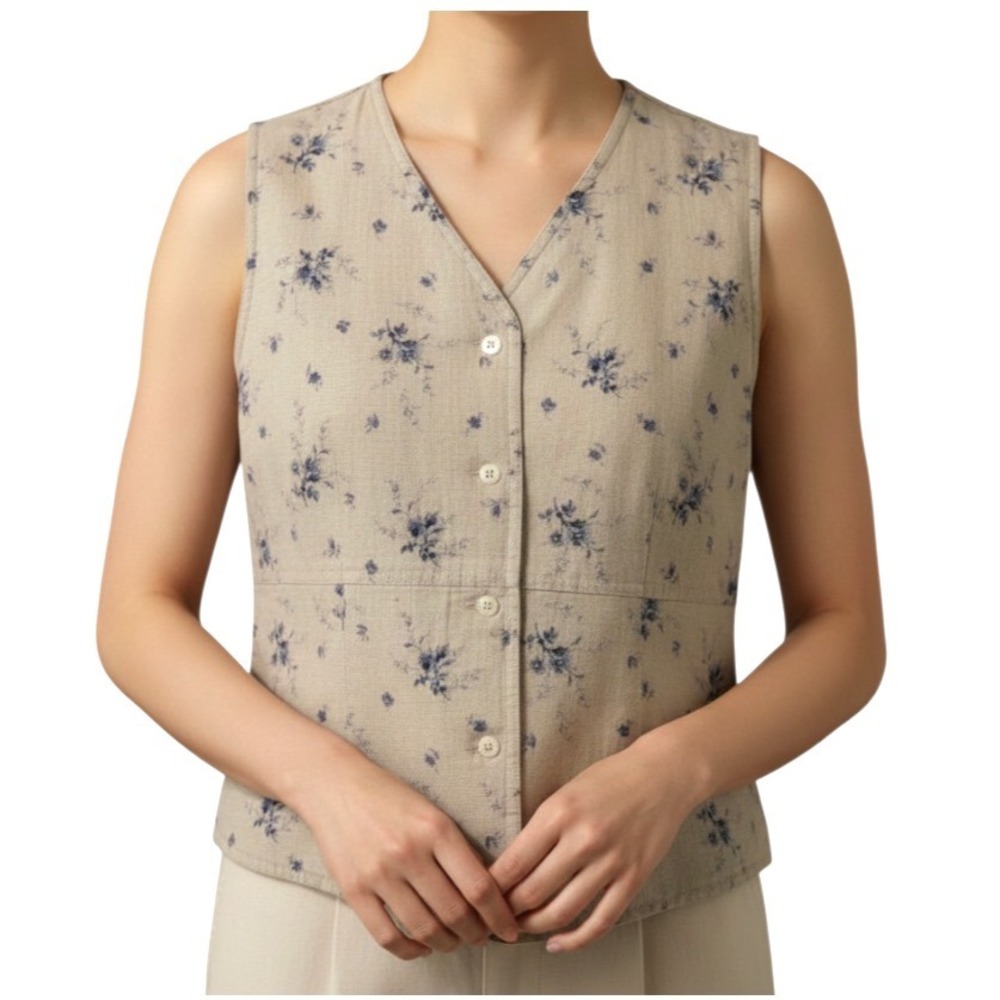 VTG Liz Claiborne Liz Sport LINEN BLEND VEST TOP Beige w/Blue Toile Floral SZ 8